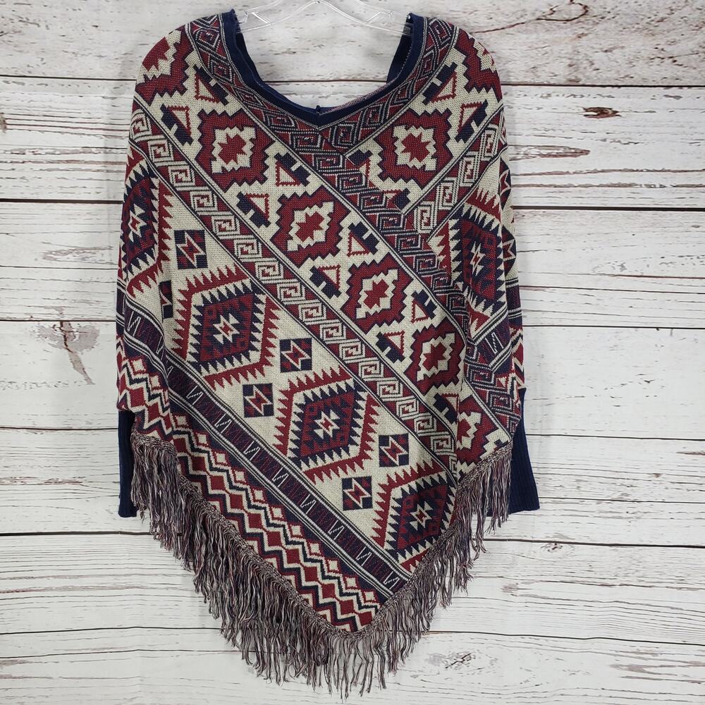 Say What Women's Blue Red Aztec Fringe Knit Poncho Size Large